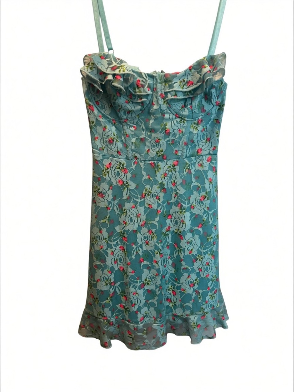 Betsey Johnson Aqua Pink Floral Lacey Mini Dress - Picture 6 of 7